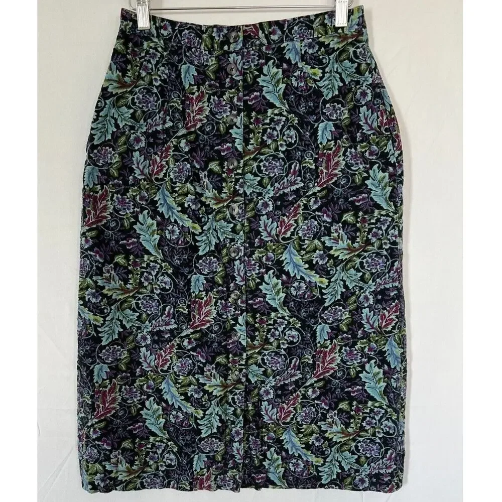 Appleseeds Dark Floral Leaf Corduroy Midi Skirt Womens Size 10P Petite Black